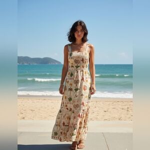 Boho Tile-Print Maxi Dress in Cream with Green & Orange Accents